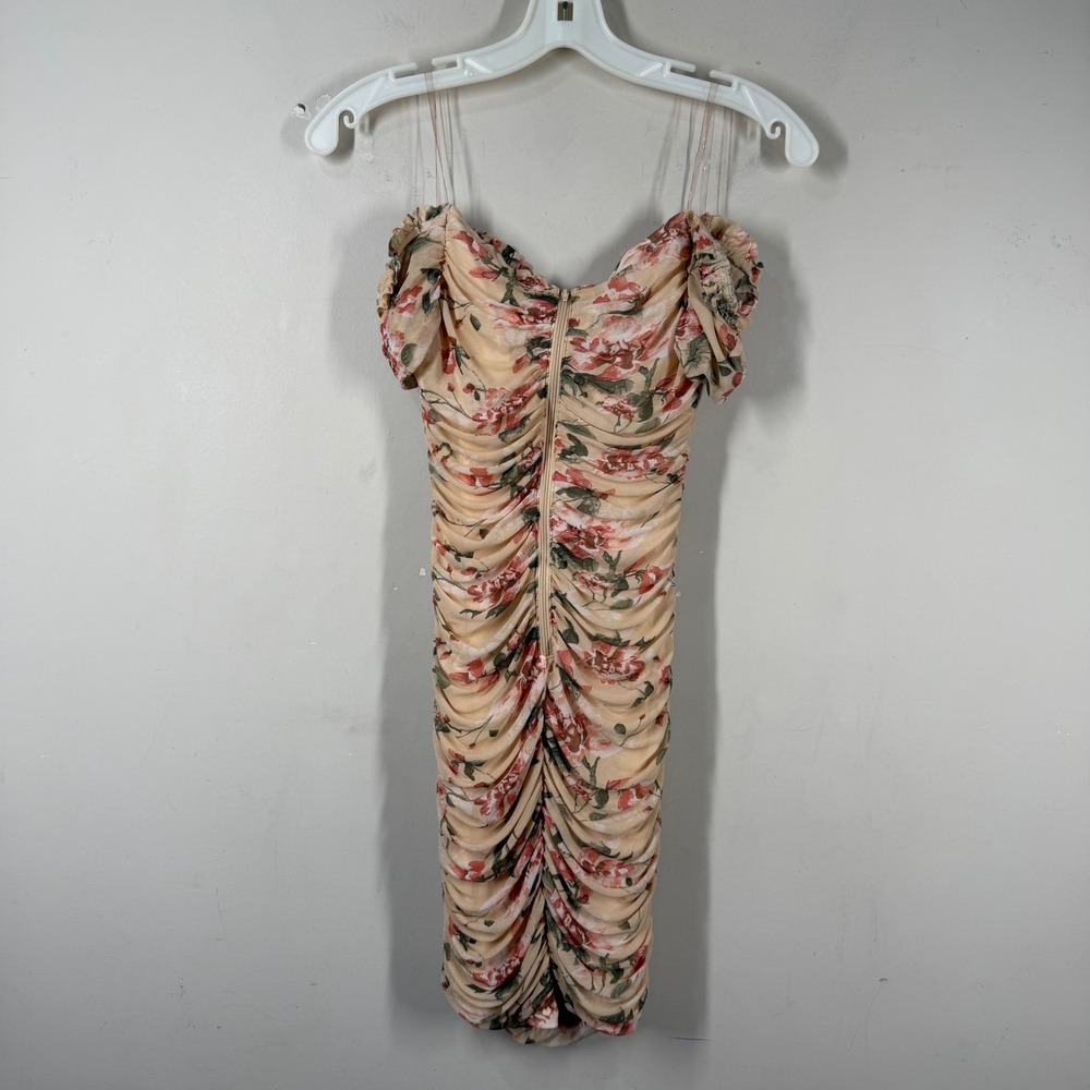 Privy Floral Print Ruched Mesh Bodycon Mini Dress Peach Pink PD73876S Sz Medium